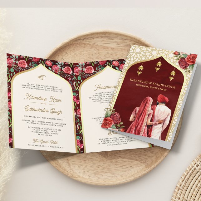 Red Gold Roses Floral All in One Sikh Wedding Invitation (Creator Uploaded)