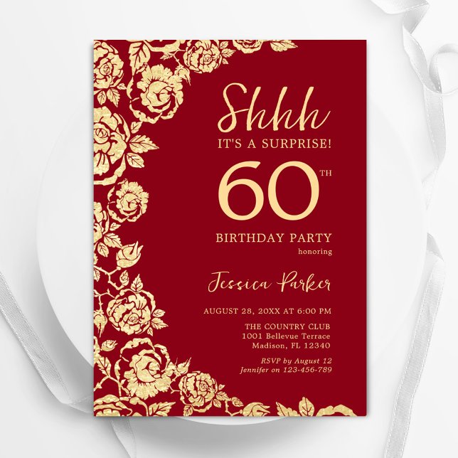 Red Gold Roses Surprise 60th Birthday Invitation (Creator Uploaded)