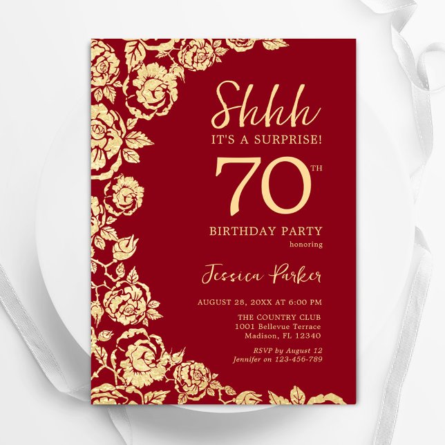 Red Gold Roses Surprise 70th Birthday Invitation (Creator Uploaded)