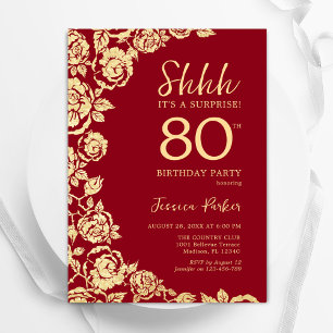 Red Gold Roses Surprise 80th Birthday Invitation