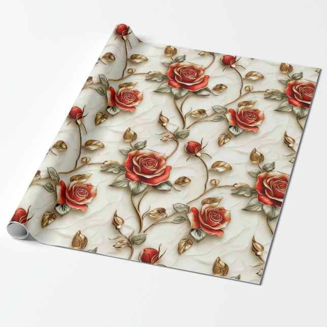 Red Gold Roses Vintage Wrapping Paper (Unrolled)