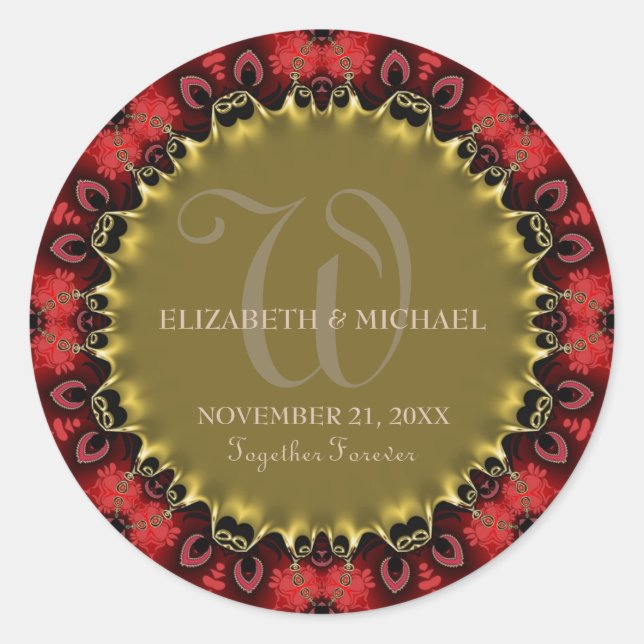 Red & Gold Royale Art Wedding Special Event Classic Round Sticker (Front)