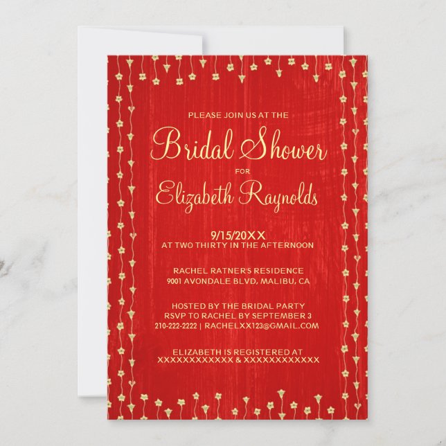 Red Gold Rustic Country Bridal Shower Invitations (Front)