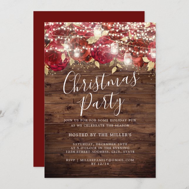 Red Gold Rustic Foliage Lights Christmas Party   Invitation (Front/Back)