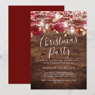 Red Gold Rustic Foliage Lights Christmas Party Invitation