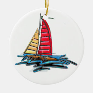 Red & Gold Sailboat Ceramic Ornament