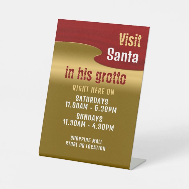 Red & Gold, Santa Claus Visitor Hours Pedestal Sign (Front)