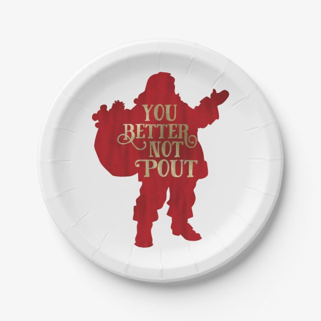 Red & Gold Santa Toy bag You Better Not Pout Party Paper Plate (Front)