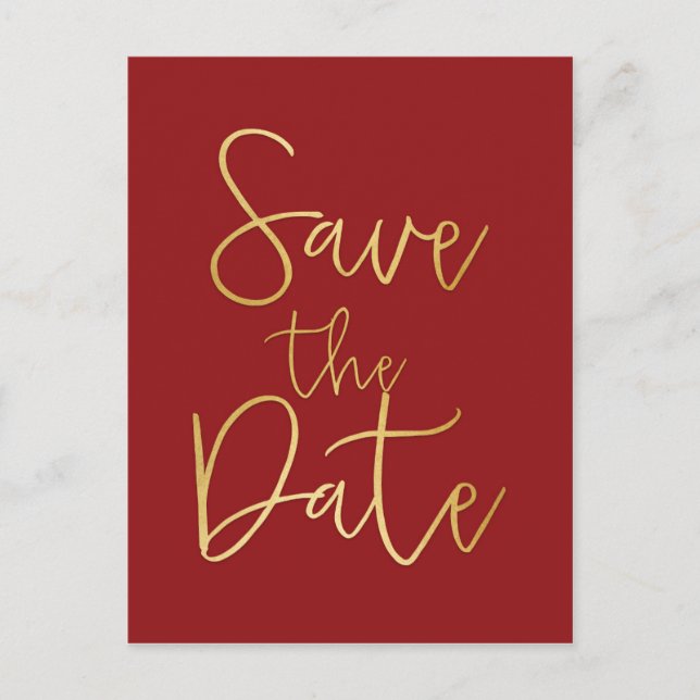 Red & Gold SAVE THE DATE Modern Script Postcard (Front)