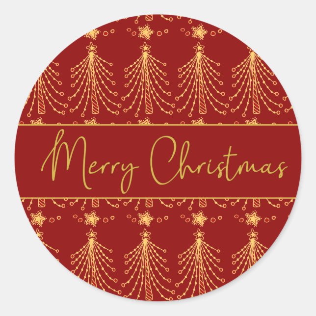 Red & Gold Script Christmas Tree Lights Pattern Cl Classic Round Sticker (Front)