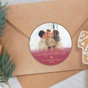 Red Gold Script Family Photo Merry Christmas  Cl Classic Round Sticker