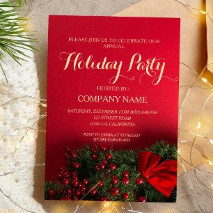 Red & Gold Script Greenery Holiday Party Business Invitation