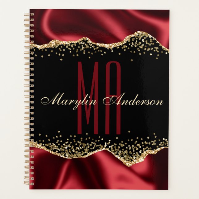 RED & GOLD SHIMMER SATIN BORDERS CUSTOM MONOGRAM PLANNER (Front)