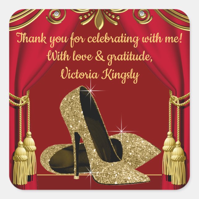 Red Gold Shoe Birthday Party Favour Stickers (Front)