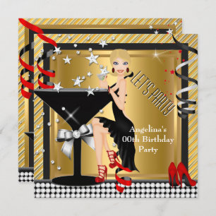 Red Gold Silver Black Martini Birthday Party 3 Invitation
