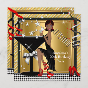 Red Gold Silver Black Martini Birthday Party Invitation
