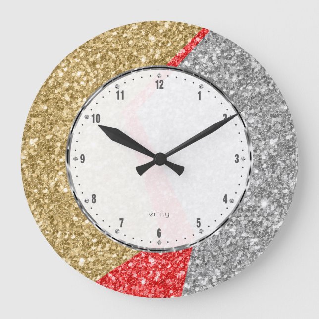 Red gold & Silver colours glitter geometric design Large Clock (Front)