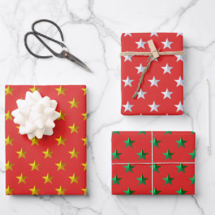 Red Gold Silver Green Stars Holiday Wrapping Paper Sheet