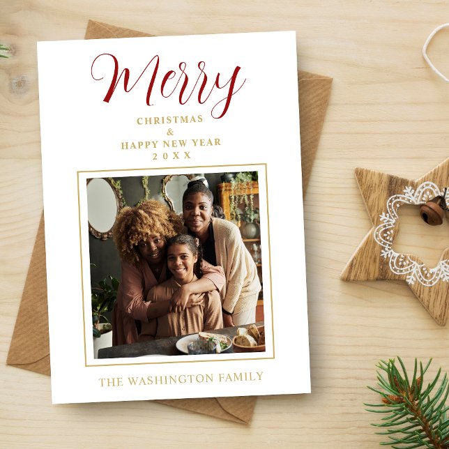 Red & Gold Simple Minimalist Merry Christmas Photo Holiday Card (Simple Minimalist Merry Christmas Photo Holiday Card with Envelope in Red and Fake Gold. )