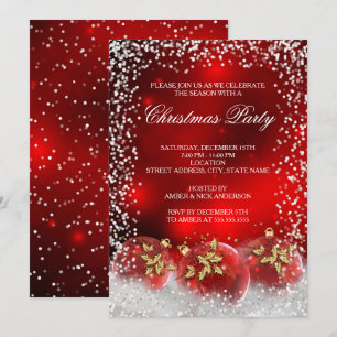 Red Gold Snow Bauble Christmas Holiday Party Invitation