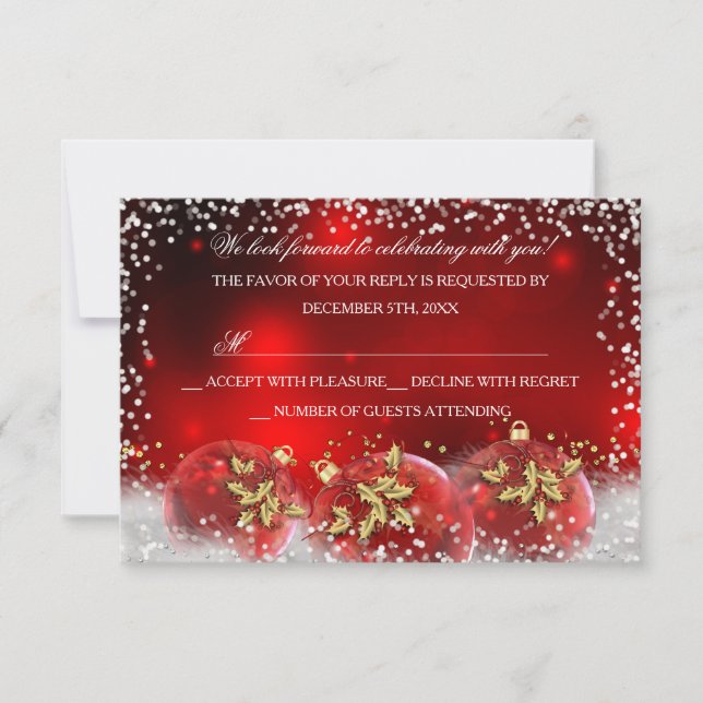 Red Gold Snow Bauble Christmas Party RSVP Card (Front)