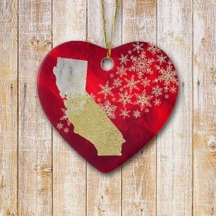 Red Gold Snowflake California Heart Ceramic Ornament
