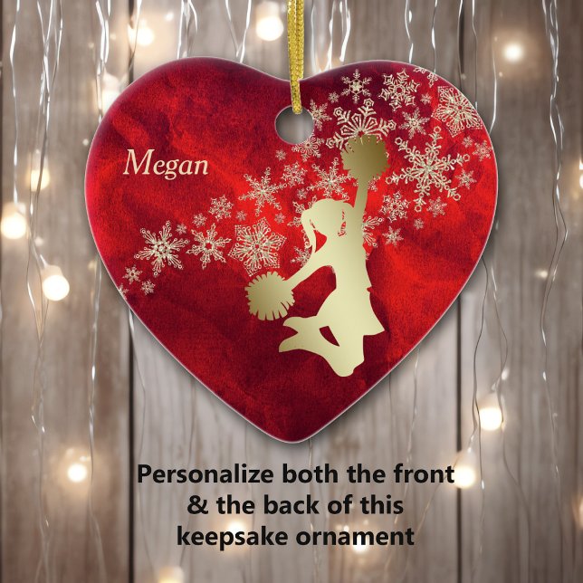 Red Gold Snowflake Cheerleader Personalised Ceramic Ornament (Creator Uploaded)