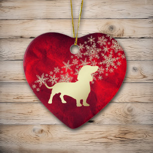 Red Gold Snowflake Dachshund Ceramic Ornament
