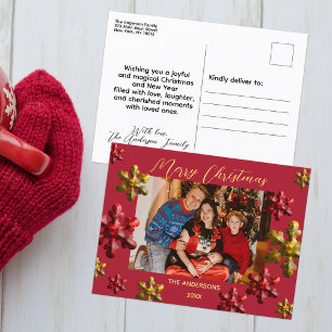 Red Gold Snowflake Family Photo Christmas Holiday Postcard
