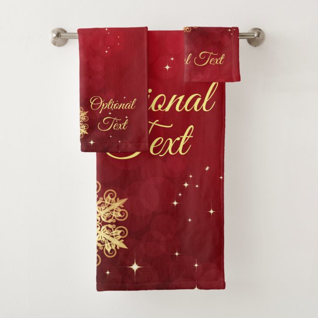 Red & Gold Snowflake Filigree Custom Christmas Bath Towel Set (Insitu)