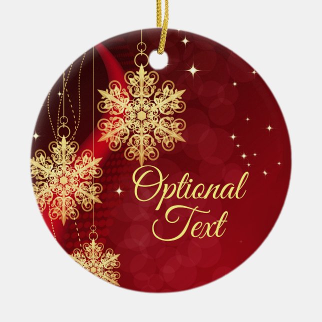 Red & Gold Snowflake Filigree Custom Christmas Ceramic Ornament (Front)