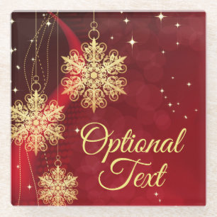 Red & Gold Snowflake Filigree Custom Christmas Glass Coaster