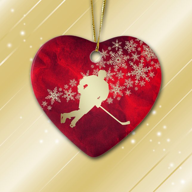 Red Gold Snowflake Hockey Player Personalised Ceramic Ornament (Creator Uploaded)