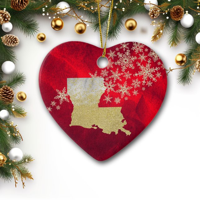 Red Gold Snowflake Louisiana Heart Ceramic Ornament (Creator Uploaded)