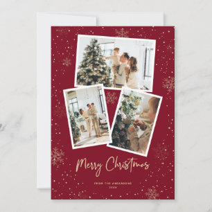 Red Gold Snowflake Merry Christmas Photo Cards