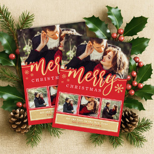 Red Gold Snowflake Merry Christmas Photo Collage Holiday Card