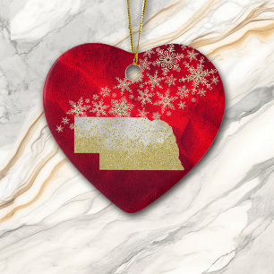 Red Gold Snowflake Nebraska Heart Ceramic Ornament