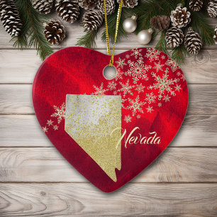 Red Gold Snowflake Nevada Heart Ceramic Ornament