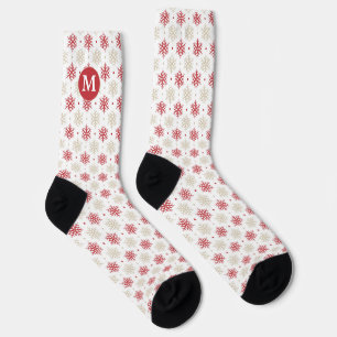 Red Gold Snowflake Pattern Monogram Socks
