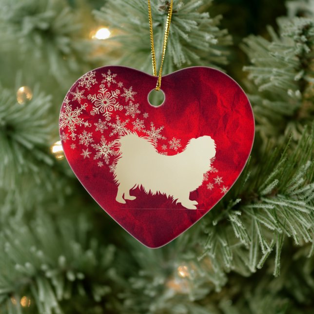 Red Gold Snowflake Pekingese Dog Ceramic Ornament (Tree)