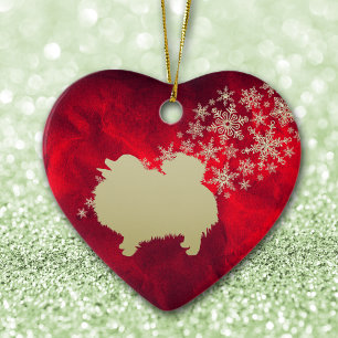 Red Gold Snowflake Pomeranian Ceramic Ornament