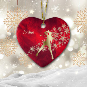 Red Gold Snowflake Tennis Player Ceramic Ornament