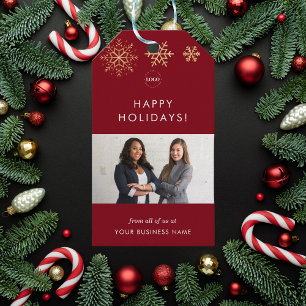 Red & Gold Snowflakes Business Company Team Photo  Gift Tags