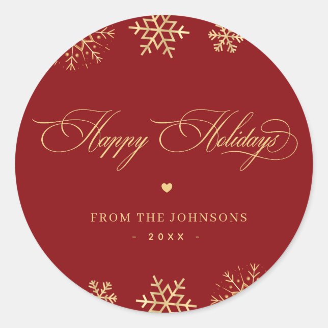 Red & Gold Snowflakes Happy Holidays Custom Name Classic Round Sticker (Front)