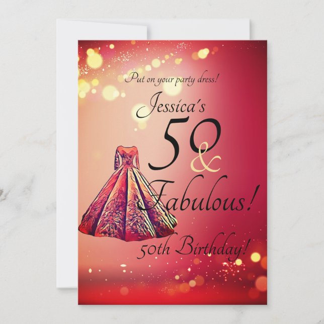 Red Gold Sparkle 50 & Fabulous 50th Birthday Invitation (Front)