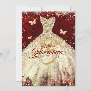 Red Gold Sparkle Butterfly Dress Quinceanera Invitation
