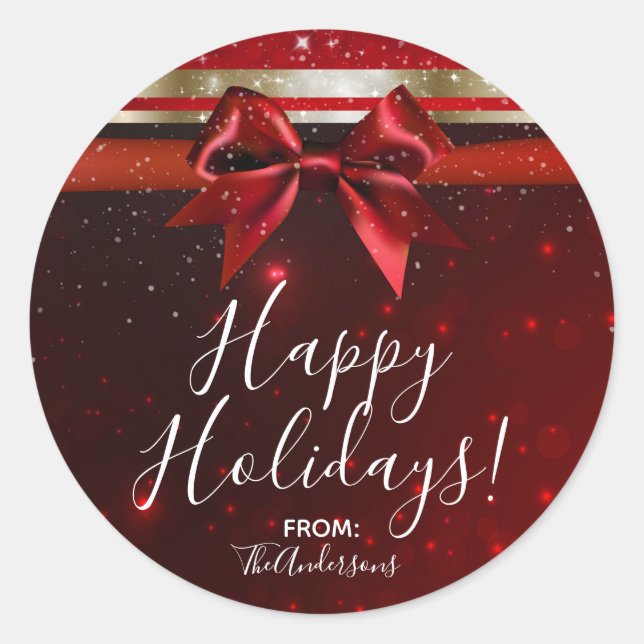 Red & Gold Sparkle Chic Bow Elegant Holiday Favour Classic Round Sticker (Front)
