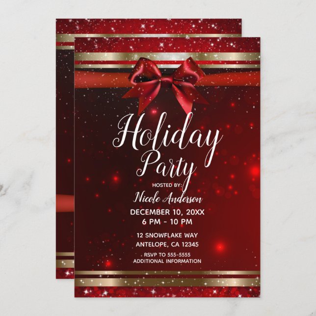 Red & Gold Sparkle Chic Bow Elegant Holiday Party Invitation (Front/Back)