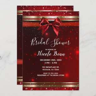 Red & Gold Sparkle Chic Bow Holiday Bridal Shower Invitation