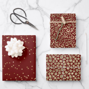 Red Gold Sparkle Dots Leopard Print     Wrapping Paper Sheet